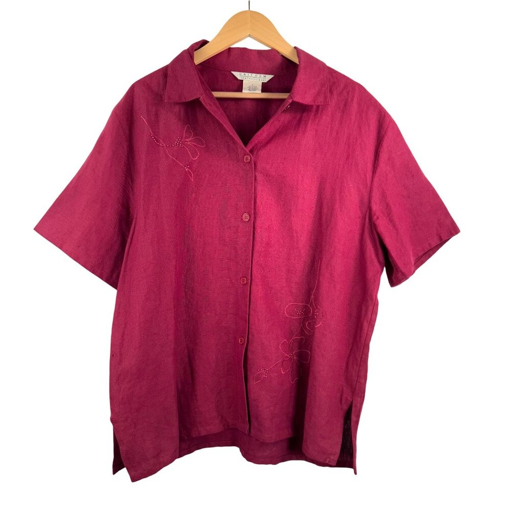 John Paul Richards 100% linen relaxed button shirt with sequin beads floral sz L